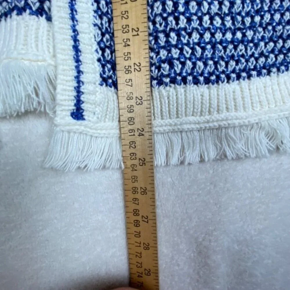 Talbots Womens Blue & Cream Striped Knit Cardigan Sweater With Fringe Hem Size M